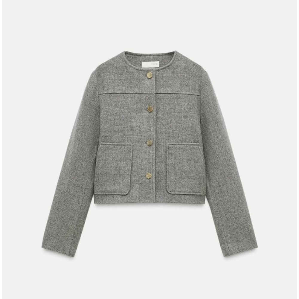 Zara Womens Jacket Blazer S Small Gray Round Neck Gold Button 3046/020 NWT - Picture 3 of 16